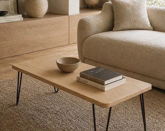 ホワイトオークのコーヒーテーブル、ヘアピンレッグ付きのモダンな無垢材コーヒーテーブル、ミニマリストなジャパンディスタイルのリビングルームテーブル、手作りのブレックコーヒーテーブル