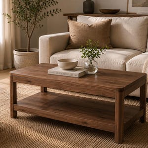 May include: A rectangular dark brown wooden coffee table with a lower shelf. On the tabletop sits a white book titled LIVE BEAUTIFULLY, a beige ceramic bowl, and a clear glass vase containing green leafy stems, all arranged on a textured surface.