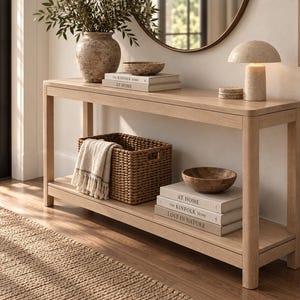 Può includere: Un tavolo console in legno chiaro con un piano rettangolare e un ripiano inferiore. Il piano ospita un vaso testurizzato, una piccola ciotola, due libri impilati intitolati The Kinfolk Home e At Home, e una lampada a forma di fungo.