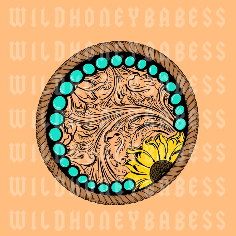 Turquoise Sunflower Concho Png, Turquoise Concho Png, Sunflower Concho Png, Tooled Leather Png, Leather Business Logo, Leather Logo, Leather image 1