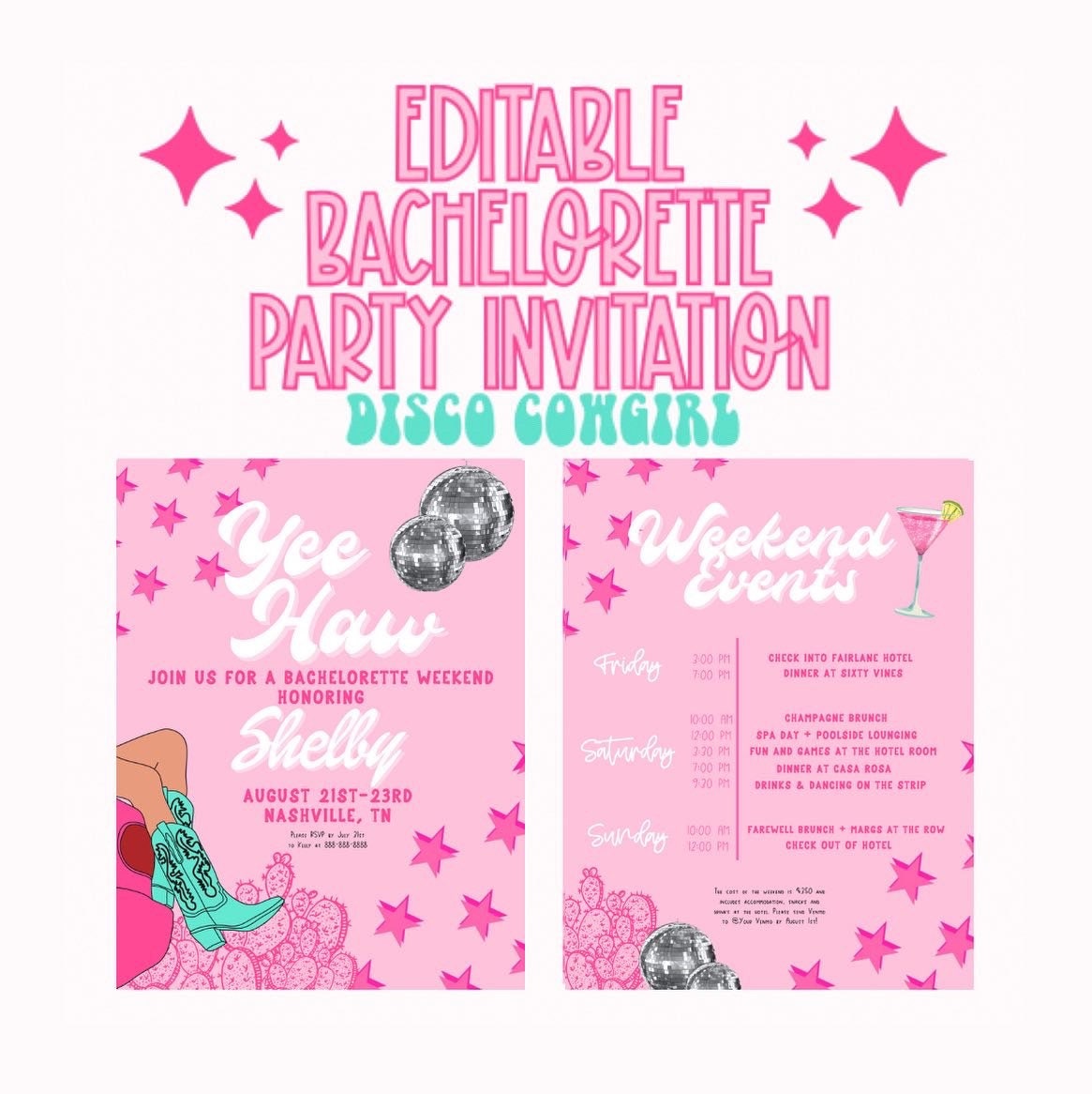 Editable Disco Cowgirl Bachelorette Party Invitations Instant DIY Invitations Nashville Bachelorette Party Cowgirl Themed