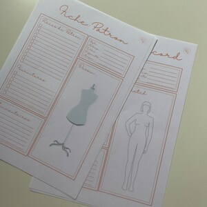 May include: A white sheet of paper with a brown border and the text "Fiche Patron" at the top. The sheet is divided into sections with headings such as "Recas du Patron", "Dessin", and "Commentaires". There is a drawing of a dress form in the "Dessin" section.