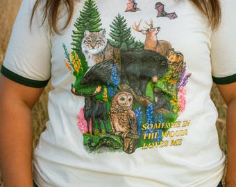 Woodland Animals Ringer Tee, Vintage Nature Lover Shirt