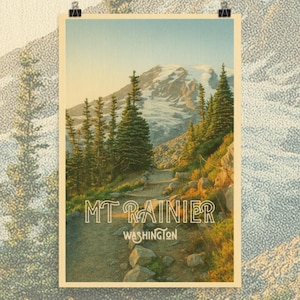 Affiche vintage mate du sentier du parc national du mont Rainier, art granola girl, amoureux des parcs nationaux, Park Rangers, souvenir de Washington