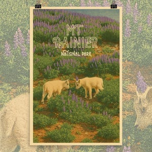 Affiche vintage mate de chèvres de montagne du parc national du mont Rainier, art granola girl, amoureux des parcs nationaux, gardes forestiers du parc, souvenir de Washington