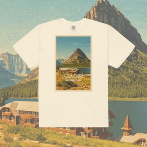 Camiseta unissex vintage com cartão postal do Parque Nacional Glacier, camiseta da Granola Girl, camiseta retrô de souvenir do Hotel Glacier, guarda florestal de Montana