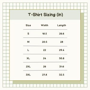 K&ouml;nnte beinhalten: Eine Tabelle mit den Gr&ouml;&szlig;en von T-Shirts in Zoll. Die Tabelle listet die Gr&ouml;&szlig;en von S bis 3XL mit den entsprechenden Breiten- und L&auml;ngenma&szlig;en auf.