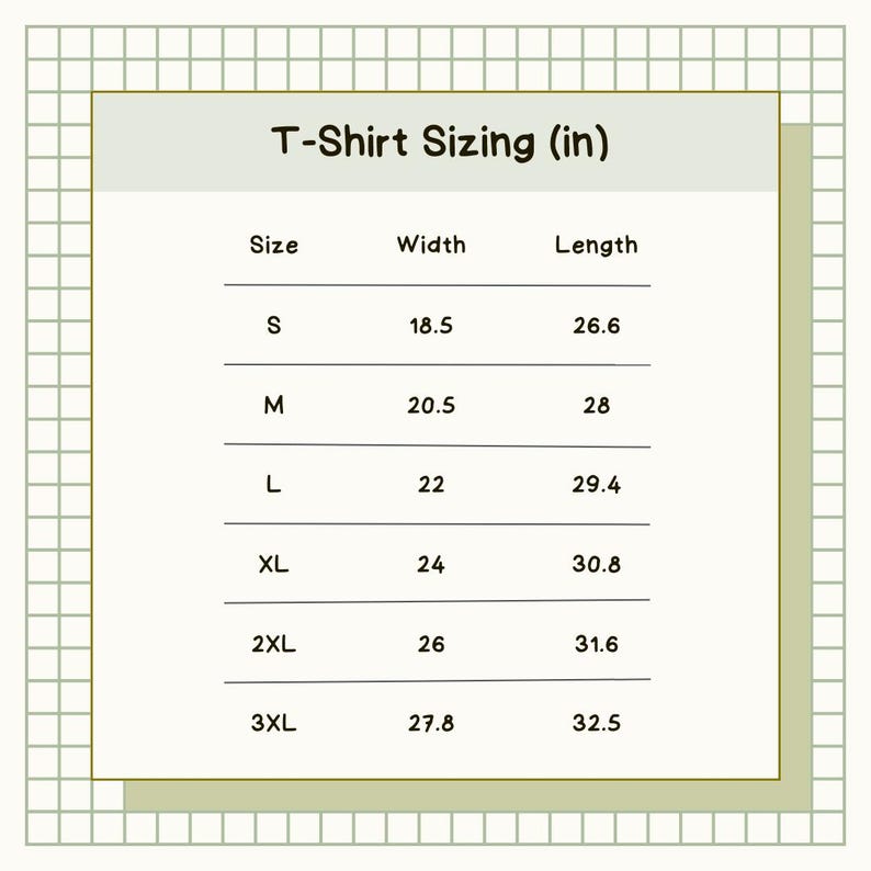 K&ouml;nnte beinhalten: Eine Tabelle mit den Gr&ouml;&szlig;en von T-Shirts in Zoll. Die Tabelle listet die Gr&ouml;&szlig;en von S bis 3XL mit den entsprechenden Breiten- und L&auml;ngenma&szlig;en auf.