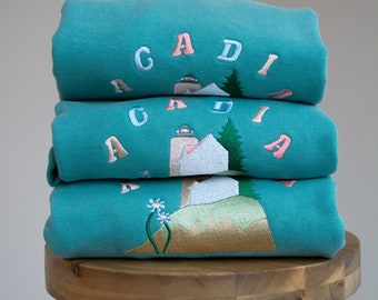 Acadia National Park Embroidered Sweatshirt: Retro Maine Lighthouse Gift