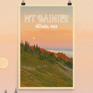 Poster vintage mat coucher de soleil du parc national du mont Rainier, art granola girl, amoureux des parcs nationaux, gardes forestiers du parc, souvenir de Washington