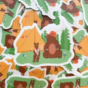 Camping Core Vinyl Clear Sticker Bear Family Camping Tent Granola Girl