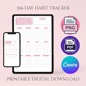 Simple 365 day habit tracker, Pink Retro Self improvement, Adopt new habits, New Years Resolution solution. Printable Digital Download Canva