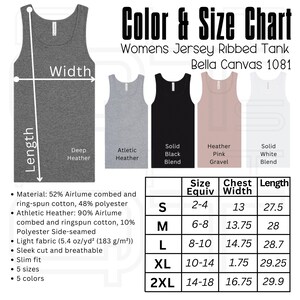 Tabla de tallas, Bella Canvas 1081, Medidas de la camiseta sin mangas, Tabla de tallas BC 1081, Tabla de colores BC1081, Camiseta sin mangas de punto acanalado para mujer. Descarga digital.