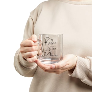 Gift for Pilates workout lovers. Relax Your Shoulders It&#39;s Just Pilates Glass Coffee Mug, Pilates present for Pilates teacher.