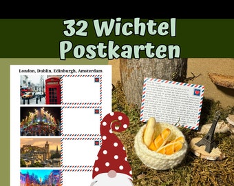 32 cartes postales gnomes VIERGES à écrire sur soi, voyage dans le monde gnome, téléchargement numérique au format PDF pour la porte gnome