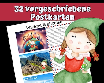 32 gnome postcards required, gnome world trip, digital download in PDF format for the gnome door, gnome girl, gnome