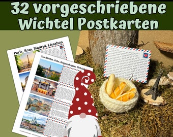 32 gnome postcards required, gnome world trip, digital download in PDF format for the gnome door