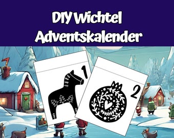 Gnome Advent calendar to cut out, DIY gnome miniature as decoration for the gnome door, Hygge Christmas, black and white