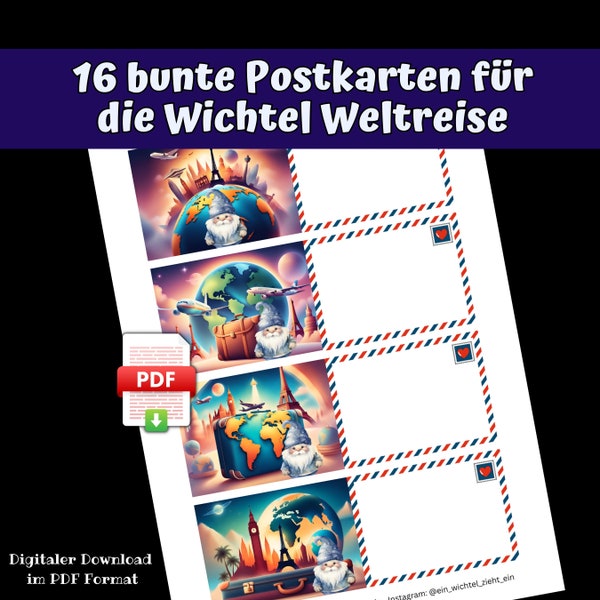 Wichtel Postkarten zum selbst Ausdrucken, PDF Datei, Wichtel Weltreise, Städtetrip, Post vom Ganzjahreswichtel als Download