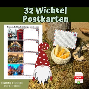 32 cartões postais de gnomos em branco para escrever em você mesmo, viagem ao mundo dos gnomos, download digital em formato PDF para a porta dos gnomos