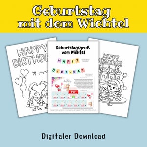 Aniversário do elfo, saudação do elfo para o aniversário da criança, cartão postal com páginas para colorir para imprimir como download digital