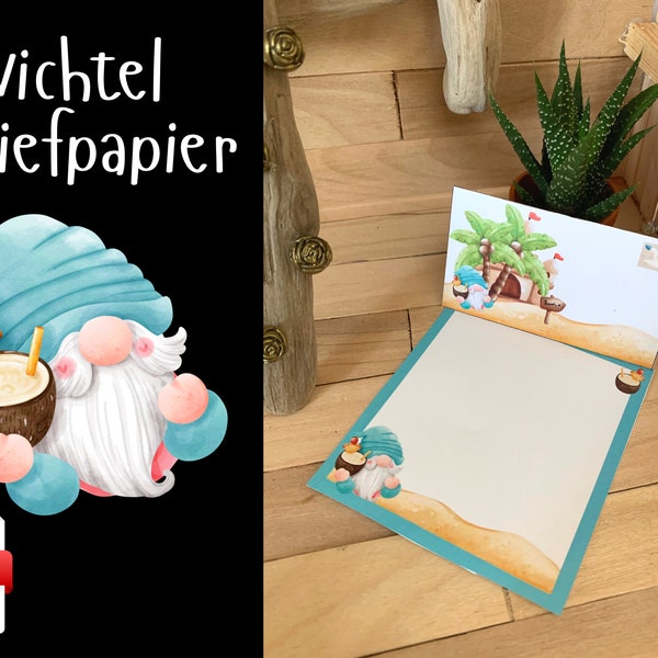 Gnome stationery to print out as a digital download, motif gnomes in summer on beach vacation