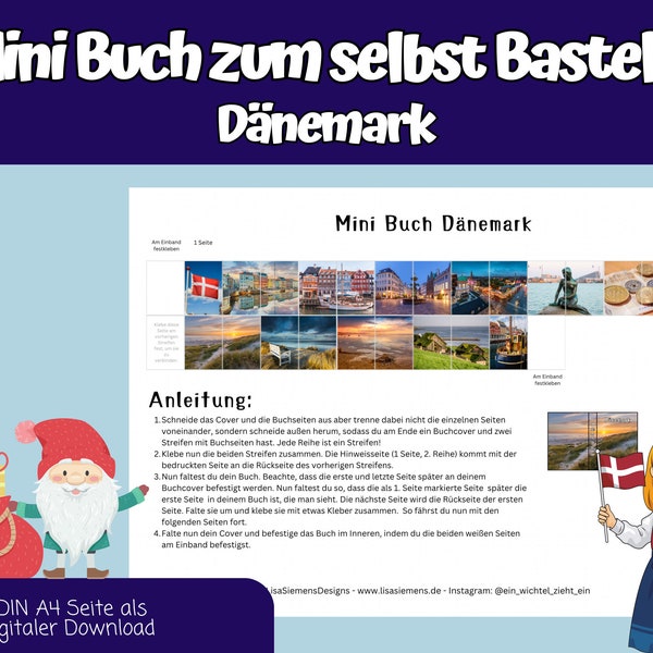 Miniatur Buch für den Wichtel und die Wichteltür zum selbst Ausdrucken, Dänemark in Bildern, Skandinavien, Wichtelbuch, PDF