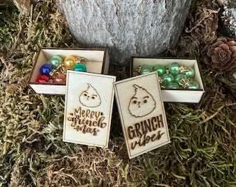 Miniature box with Christmas tree balls as a kit for gnomes, gnome door, dollhouse or mouse house