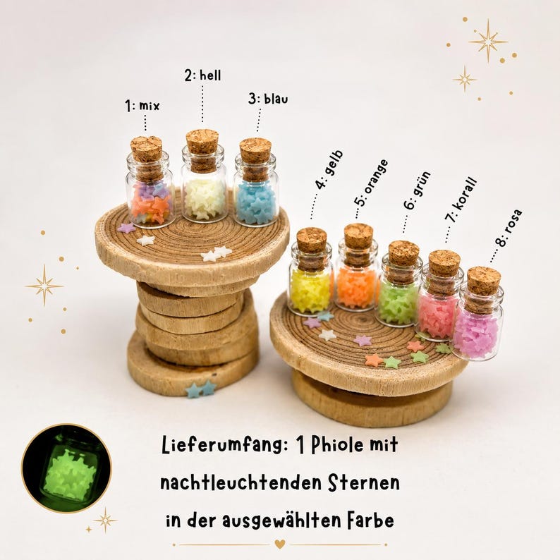 May include: Eight small glass vials with cork stoppers, each filled with tiny star-shaped pieces in various colors. The vials are labeled 1 through 8 with corresponding color names. A small circular inset shows one vial glowing in the dark.