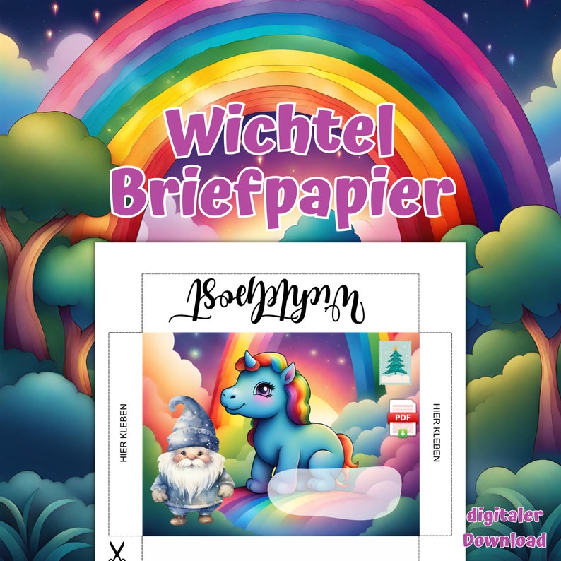 Secret Santa stationery to print out, digital download, rainbow, colorful, Secret Santa letters for children as a PDF file, Secret Santa accessories, unicorn image 1