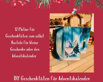 12 Vorlagen für Adventskalendertüten / Geschenktüten mit Wichtelmotiven zum Ausdrucken