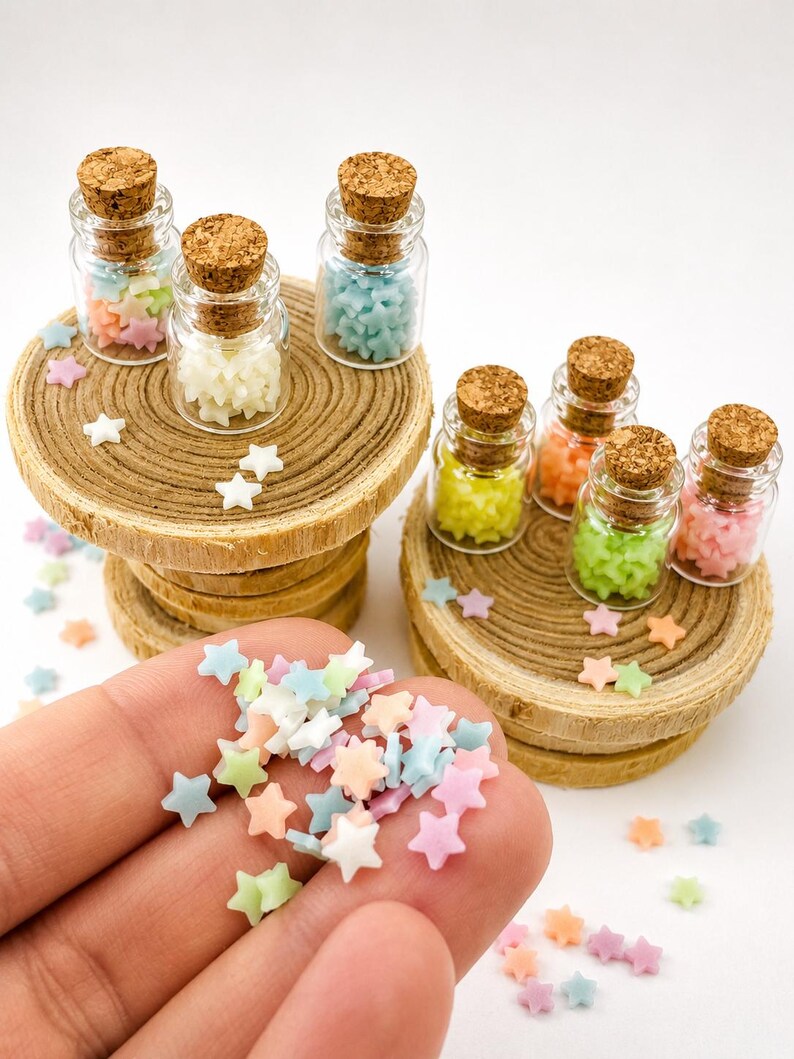 May include: Small clear glass bottles with cork stoppers filled with tiny pastel-colored star-shaped decorations. The stars are in shades of pink, blue, yellow, green, and white. Some stars are scattered outside the bottles on the surface.