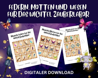 Poster per il laboratorio magico degli gnomi con falene, piume e creature magiche come download digitale