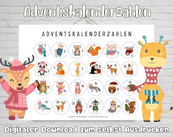 Advent calendar numbers to print yourself as a digital download with cute animals