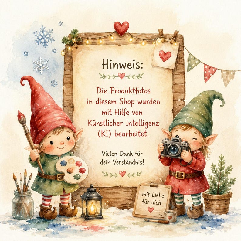 May include: A watercolor illustration featuring two elves flanking a central sign that reads: "Hinweis: Die Produktfotos in diesem Shop wurden mit Hilfe von K&uuml;nstlicher Intelligenz (KI) bearbeitet. Vielen Dank f&uuml;r dein Verst&auml;ndnis!" and "mit Liebe f&uuml;r dich".