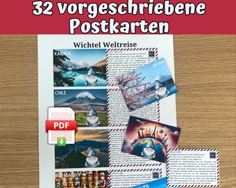 32 gnome postcards required, gnome world trip, digital download in PDF format for the gnome door