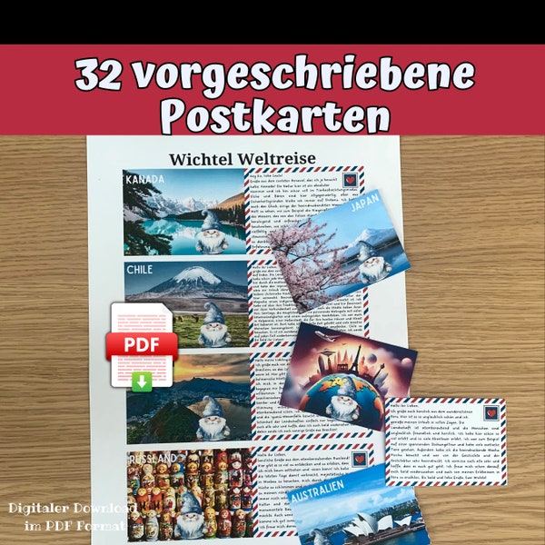 32 Wichtel Postkarten vorgeschrieben, Wichtel Weltreise, digitaler Download im PDF Format für die Wichteltür