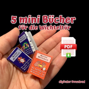 5 Wichtel miniature books, Wichtel dictionary, English, Swedish, Spanish, French and Portuguese, as PDF file for printing