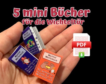 5 Wichtel Miniatur Bücher, Wichtel Wörterbuch, Englisch, Schwedisch, Spanisch, Französisch und Portugiesisch, als PDF Datei zum Ausdrucken