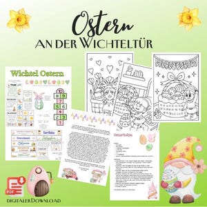 以下が含まれることがあります： ノーム、卵の入ったバスケット、数え方の活動が描かれた、印刷可能なイースター用塗り絵セット。ページのテキストは「Ostern an der Wichteltur」と「Wichtel Ostern」です。