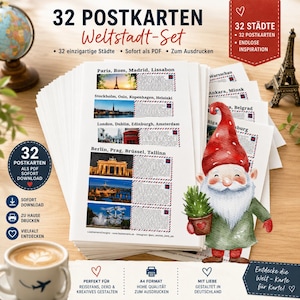 Könnte beinhalten: Ein Stapel ausdruckbarer Postkarten mit 32 Städten und Texten auf Deutsch, darunter Paris, Rom, Madrid, Lissabon, Stockholm, Oslo, Kopenhagen, Helsinki, London, Dublin, Edinburgh, Amsterdam, Berlin, Prag, Brüssel und Tallinn.