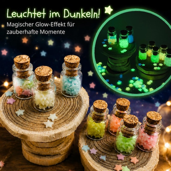 Miniatur Leuchtsterne im Glas | Nachtleuchtende Sterne | Wichtel Zubehör | Puppenhaus Miniatur | Sternenfläschchen