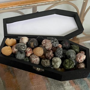 May include: A black coffin-shaped box with a glass lid, filled with small, colorful, hand-carved skull-shaped stones. The stones are made of various types of marble and are a mix of green, brown, pink, and white.