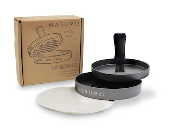NATUMO burger press set consisting of hamburger press and burger paper (50x release paper), burger maker made of cast aluminum (Ø 11 cm, 200g), professional burger patty