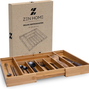 ZEN HOME Deluxe Bamboo Cutlery Tray for Drawers, Extendable 33-50 x 43 x 5 cm, Anti-Slip Cutlery Organizer Drawer Insert with 7 to