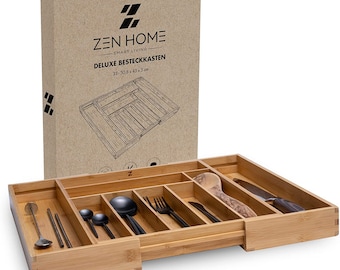 ZEN HOME Deluxe Bamboo Cutlery Tray for Drawers, Extendable 33-50 x 43 x 5 cm, Anti-Slip Cutlery Organizer Drawer Insert with 7 to