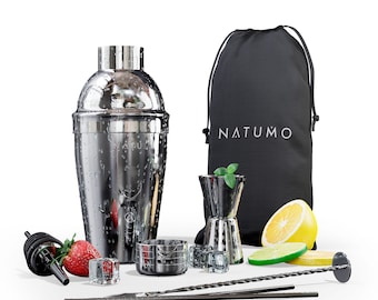 NATUMO ® Cocktail Shaker Set 10 Teilig - Premium Cocktail Set Cocktailshaker - inkl. Doppel Messbecher, 2x Ausgießer, Barstößel, Löffel, 2x