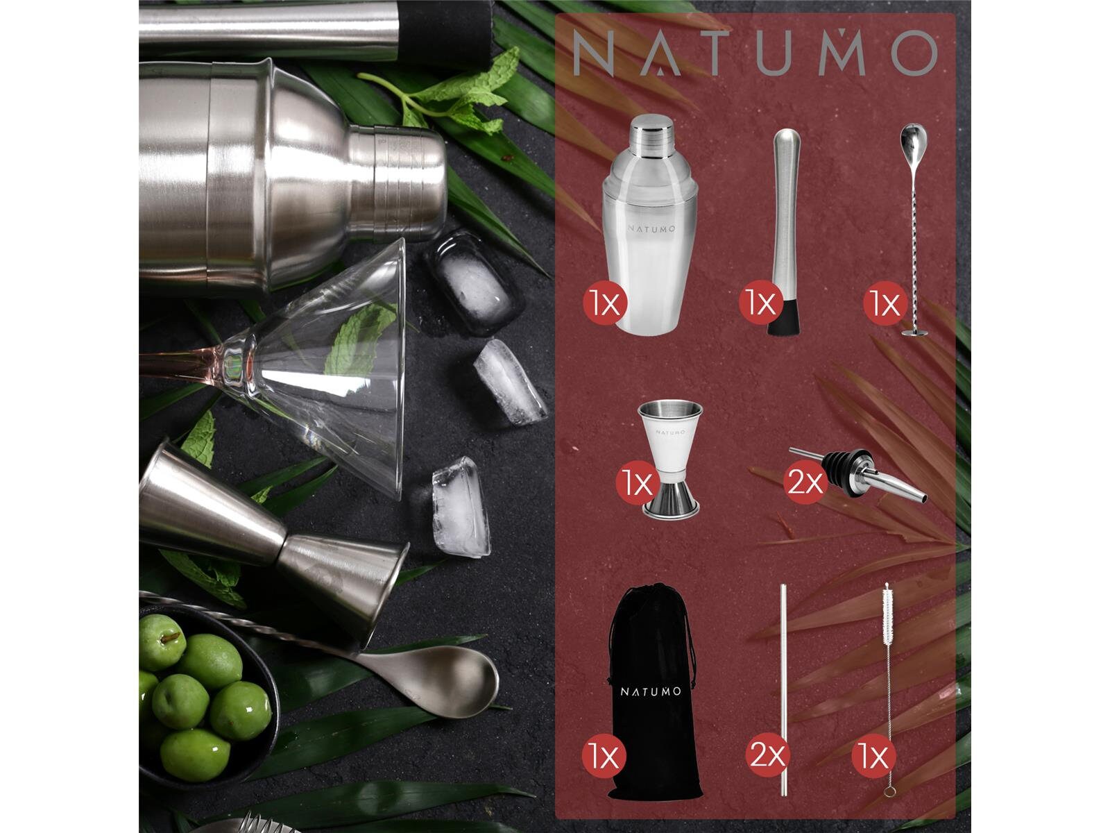 NATUMO ® Cocktail Shaker Set 10 Pieces Premium Cocktail Set Cocktail