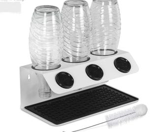 NATUMO® Bottle holder for SodaStream, 3-bottle stand & drainer with wall mount, including bottle brush, stainless steel (white) - fit