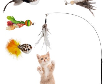 NELADE Interaktives Katzenspielzeug Selbstbeschäftigung mit Saugnapf, Katzenangel mit Federn (5 Anhänger)